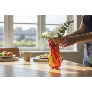 Beautifully crafted hand blown glass art glass vase twisted red and yellow